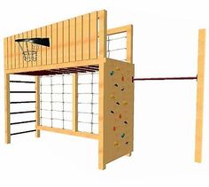 a wooden climbing wall with a basketball hoop attached to the top and an overhead net above it