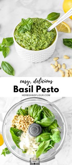 basil pesto in a food processor with the title above it