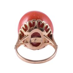 This is part of Chairish’s Fine Jewelry assortment.  Antique large Mediterranean coral 18K ring, circa 1920. This 18 karat yellow gold ring features a large oval Mediterranean coral measuring 19.53mm x 17.1mm. This antique coral ring is a size 5.75. [KIMH 608]  Metal: 18k Gold,Yellow Gold Stone: Coral Stone Cut: Round Cut Elegant Oval Coral Rings, Elegant Coral Oval Rings, Coral Jewelry Vintage, Coral Ring, Coral Stone, Best Wear, Stone Cuts, Red Coral, Antique Rings