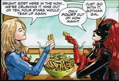 a comic strip with an image of two women eating french fries and one is talking to another