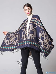 OrcaJump - Womens Sweater Knit Thick Tassel Scarf Ethical Travel Cardigan Shawl Fall Winter Fashion Print Poncho Fringe Shawl Outerwear For Fall, One Size Winter Outerwear With Fringe, Winter Fringe Shawl Outerwear, Winter Shawl With Tassels, Fall Shawl With Tassels, Fall Tassel Shawl, Bohemian Shawl Outerwear For Cold Weather, Bohemian Shawl For Cold Weather, Casual Winter Poncho With Tassels