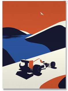 an orange and blue poster with a race car in the foreground, on a white background