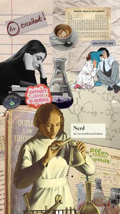 a collage of various images including women and science related items, such as flasks