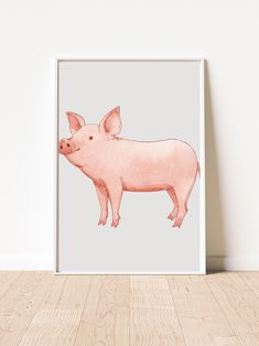 a pink pig on a gray background is featured in this minimalist art print,