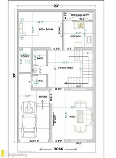 the floor plan for a two story house with an attached garage and living room area