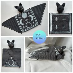 crocheted items are shown in four different pictures, including a bat and cross