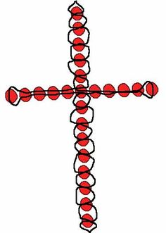 the cross is made up of circles and red dots on white paper with black outline