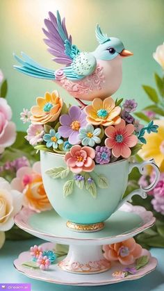 there is a bird sitting on top of a teacup with flowers in the background