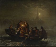 a painting of people on a boat in the water with a full moon behind them