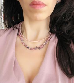 Pink Rhodochrosite Necklace, Crystal Beaded Necklace, Chip Gemstone Choker ♥Buy 2 Jewelry and Get 1 FREE♥ CODE: GET1FREE Put all 3 items in your cart and apply shop coupon code at checkout. In this way 1 item will be free of cost as you will receive 33% discount.  A lovely pink rhodochrosite necklace is perfect for your loved one or yourself! Made with love just for you! Necklace measures around 17 inches plus 2 inches of extender chain, but you can choose your desired length during check out. T Rhodochrosite Necklace, Pink Rhodochrosite, Gemstone Choker, Hematite Stone, Crystal Bead Necklace, Real Flower Jewelry, Natural Stones Necklace, Rose Quartz Necklace, Teardrop Necklace