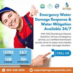 an advertisement for emergency water damage response and water mitigation available 24 / 7