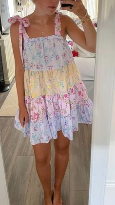 2023 Girly Fashion, Floral Patchwork Dress, Loveshackfancy Outfit Ideas, Bright Blue Summer Dress, Flowy Sundress Short, Easter Inspo Outfits, Easter Dress Aesthetic, Easter Fit Ideas, Colorful Spring Dresses