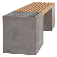 a concrete bench with a wooden slatted seat on the top and bottom, sitting next to each other