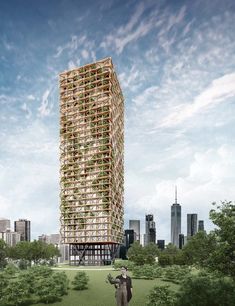 an artist's rendering of a tall building with plants growing on the top and sides