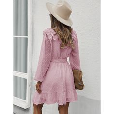 Pink Ruffle Detail V Neck Long Sleeve Dress Mini Casual Dress, V Neck Long Sleeve Dress, Clothing Catalog, Flirty Dresses, Mini Dresses For Women, Pink Ruffle, Mini Dress Casual, Clothing Brands, Mini Cocktail Dress