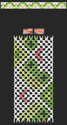 a cross stitch pattern with green and pink flowers on black background, in the middle is a