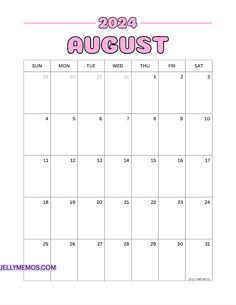 a calendar with the word august in pink and blue on it, which is written in english