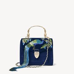 Peacock Embroidered Velvet Midi Mayfair Bag | Aspinal of London Luxury Embroidered Top Handle Shoulder Bag, Luxury Rectangular Bags For Fashion Events, Formal Velvet Rectangular Bag, Formal Rectangular Velvet Bag, Luxury Embroidered Clutch Shoulder Bag, Formal Embroidered Shoulder Bag, Elegant Velvet Bags For Events, Elegant Velvet Bag For Events, Elegant Velvet Bags For Formal Occasions