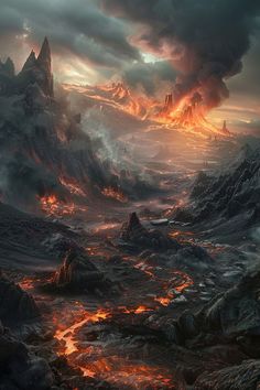 an image of a fantasy scene with lava and mountains in the foreground at sunset