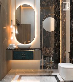 a modern bathroom with marble counter tops and wood paneling, along with a round mirror on the wall