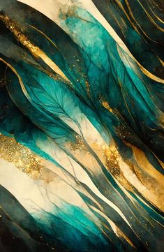 an abstract painting with gold and teal colors