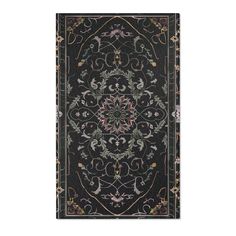 a black rug with an ornate design on the front and back side, in various colors