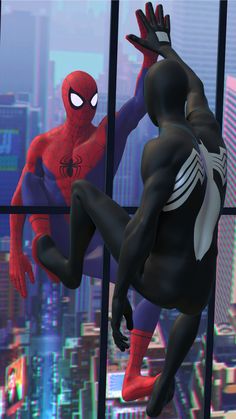 two spider - man standing in front of a window looking out at the cityscape