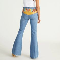 All Brand Nwt's From My Shop. If You're Familiar With Driftwood (Sold By Anthro And Free People) You Know They Are Long Inseamed And Stretchy. This High-Rise, Flare Silhouette Jean Is A Medium Wash With Sun Rising Embroidered On The Back. Keep It Country With These Earthy Colors. 99% Cotton 1% Spandex 34" Inseam / 24" Leg Opening / 10" Rise&Nbsp; Machine Wash Cold.&Nbsp; Model Is Wearing Size 26. Sun Rising, Denim Flares, Earthy Colors, All Brands, Flare Jeans, Blue Yellow, Wide Leg, Free People, High Rise