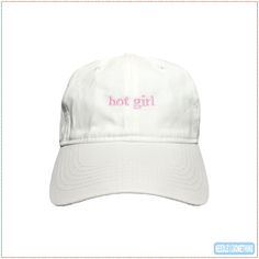 ◄  DESCRIPTION  ► "hot girl" embroidered in our Pink Blush thread color on a White hat. Customize your own! ◄  PRODUCT . INFORMATION  ► - Product Material: 100% Cotton Washed Twill - Product Size: Adjustable (Please refer to the Size Chart shown in the images on this page for additional information) - Panels: 6 - Structure: Unstructured - Profile: Low - Closure: Matching Fabric Adjustable Strap & Buckle  - Original Product Color: White - Original Thread (Embroidery) Color(s): Pink Blush - Logo S Thread Embroidery, White Hat, Pink Blush, Dad Hat, Baby Bag, Trucker Cap, Dad Hats, Caps Hats, Accessories Hats