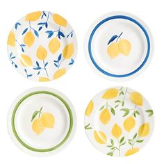 four plates with lemons painted on them