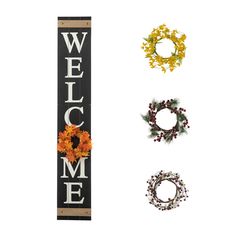 three wreaths and a welcome sign on a white background