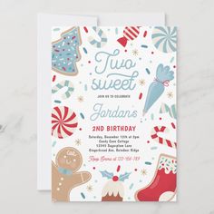 a birthday party card with an image of christmas decorations and candy canes on it