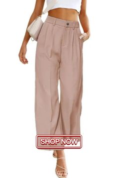 Women High Waist Casual Wide Leg Pants Casual Dress Pants With Button Closure For Spring, Casual Spring Dress Pants With Button Closure, Casual High-waist Work Pants For Summer, Casual High Waist Work Pants For Summer, Spring Business Casual Work Pants With Button Closure, Pink Wide-leg Bottoms With Button Closure, Trendy High-waist Dress Pants With Pockets, Trendy High Waist Dress Pants With Pockets, Chic Solid Work Pants For Spring