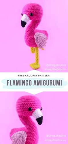 two crocheted flamingo amigurmi dolls sitting on top of each other