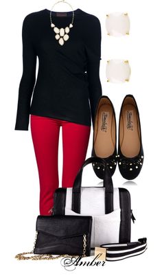 "Red White and Black" by stay-at-home-mom on Polyvore Red Pants Fashion, Looks Chic, Wearing Red, Type 4, Work Clothes