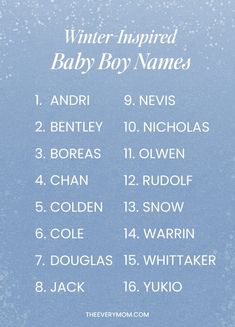 the winter inspired baby boy names are displayed on a blue background with snow flakes