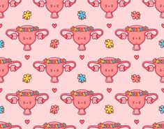 a pink background with hearts and flowers in the shape of teapots on top of each other