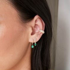 14k gold short tennis drop earrings with five linked prong set round diamonds and an upside down pear shaped emerald at the bottom of the drop Ear Stacks, Earring Drop, Gold Shorts, Ear Stack, Jewellery Ideas, White Diamonds, Upside Down, Earings Piercings, Pear Shaped