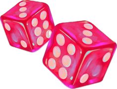 two pink dices with white dots on them are facing each other and one is in the middle