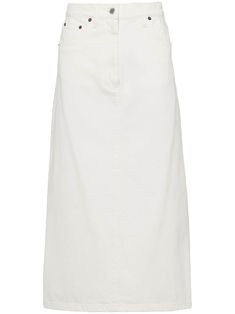 ivory white cotton denim high-waisted belt loops classic five pockets enamel triangle logo central rear vent mid-length straight hem front button and zip fastening Skirt Png, Flared Denim Skirt, Flared Denim, White Denim Skirt, City Dress, Triangle Logo, Straight Skirt, Summer Beach Wear, Denim Flares