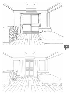 two different views of a bedroom with wood floors