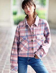 It's Fall—time for the cutest, softest, most fun Flannel jacket ever! That's the Outland Jacket, only from Billy T, in super-plush Pink/Blue/White flannel plaid, cut for an easy, comfy fit, with large patch pockets. Let the cozy begin! The model is 5'7" wearing a size small Fabric: 100% Polyester Trendy Flannel Outerwear With Pockets, Trendy Flannel Winter Outerwear, Trendy Winter Flannel Outerwear, Trendy Flannel Outerwear For Fall, Spring Flannel Outerwear With Long Sleeves, Spring Flannel Collared Outerwear, Cozy Flannel Outerwear For Winter, Spring Plaid Flannel Outerwear, Cozy Flannel Winter Outerwear