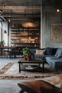 a living room filled with furniture and lots of shelves on the wall next to a window