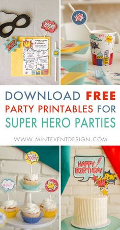 free party printables for super hero parties with cupcakes and cake toppers