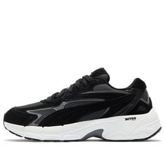 PUMA Teveris Nitro 'Black Ebony' 388774-03 (SNKR/Casual/Unisex/Low Top/Non-Slip/Breathable/Wear-resistant) Modern Black Running Shoes With Vented Sides, Classic Black Running Shoes With Rubber Sole, Urban Black Sneakers With Vented Sides, Black Leather Running Shoes With Vented Sides, Black Sneakers With Vented Sides For Jogging, Black Breathable Sneakers For Jogging, Black Lace-up Running Shoes With Vented Sides, Black Running Shoes With Vented Sides For Sports, Black Leather Running Shoes Fade-resistant