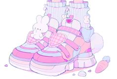 a drawing of some shoes with teddy bears on them and other items around the shoe