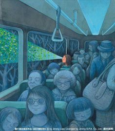 a painting of people on a bus with one person looking at something in the distance