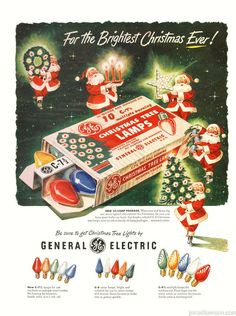 an advertisement for general electric's christmas lights with santa and mrs claus in the background