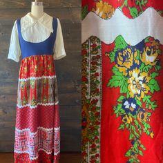 "- Vintage 70's dirndl maxi dress in red, blue, cream, green and mustard yellow mixed patterns - Faux patchwork and ric rack design on skirt - Attached dirndl / pinafore bodice - Puff half sleeve - Wide butterfly collar with lace trim - Metal zip up back MEASUREMENTS Bust: 38\" Waist: 30\" Hip: 42\" Length (shoulder to waist): 13\" Length (waist to hem): 39\" Shoulder: 14\" Sleeve: 12\" Best fits: Modern 6 LABEL Mister Ant FABRIC / FIBER Dacron poly top with poly / cotton blend skirt (best guess Retro Daywear Maxi Dress, Retro Maxi Dress For Daywear, Vintage Patchwork Dresses For Daywear, Vintage Red Patchwork Dress, Red Vintage Dress With Patchwork, Vintage Red Dress With Patchwork, Vintage Patchwork Daywear Dresses, Retro Red Patchwork Dresses, Patchwork Butterfly