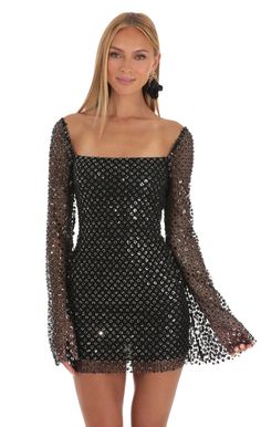 Darcie Sequin Floral Bell Sleeve Dress in Black | LUCY IN THE SKY Sequin Dress Outfit, Dresses Nightclub, Black Sparkly Dress, School Dance Dresses, Sparkly Mini Dress, Vegas Dresses, Nye Dress, Long Sleeve Sequin Dress, Sequence Dress